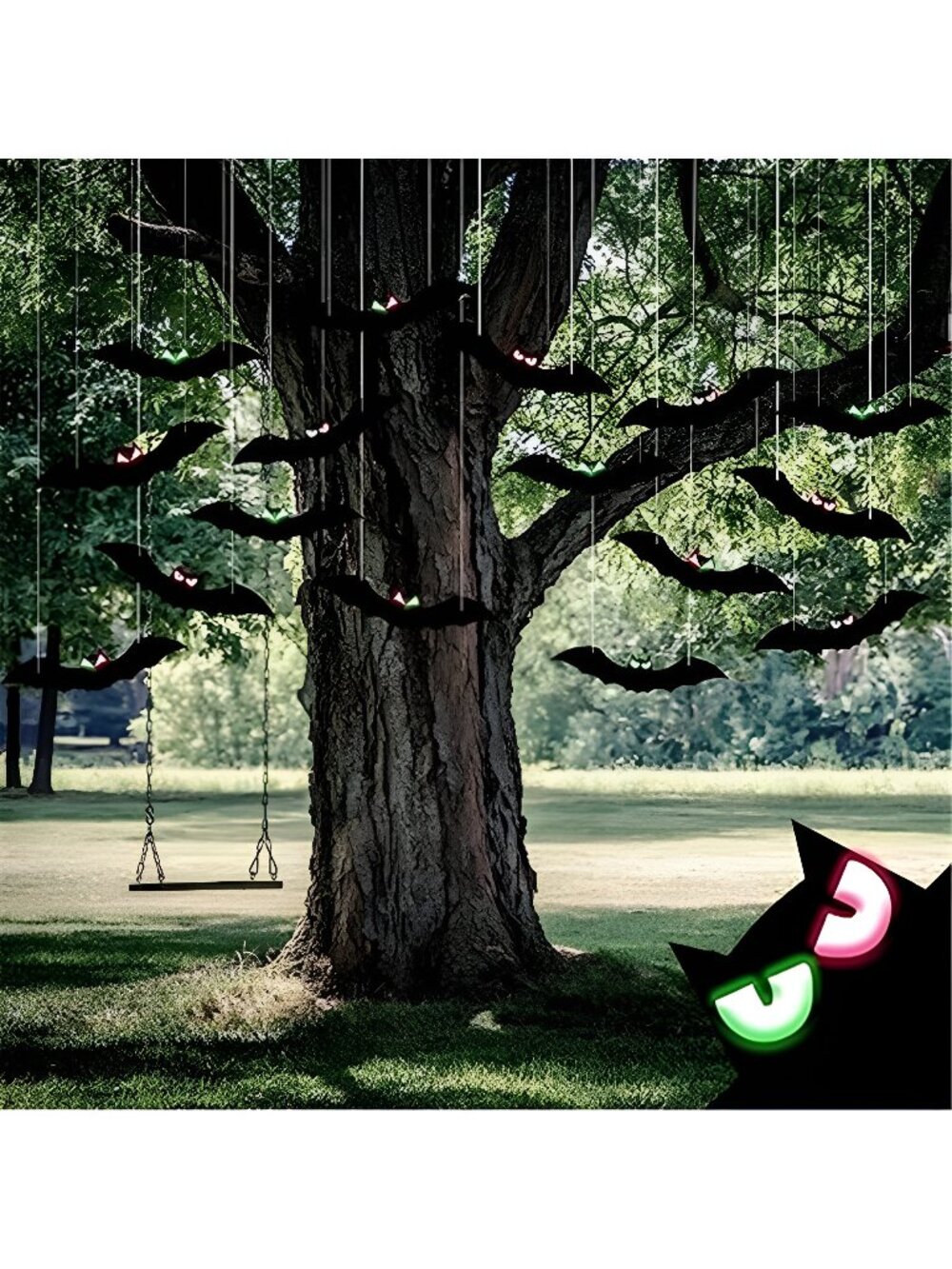 18 Black Halloween Bat Yard Decorations with Glow-in-the-Dark Eyes